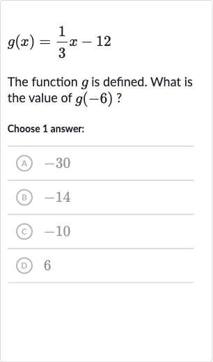 (Solved)-g(x)=(1)/(3)x-12 The function g is defined. What is the val